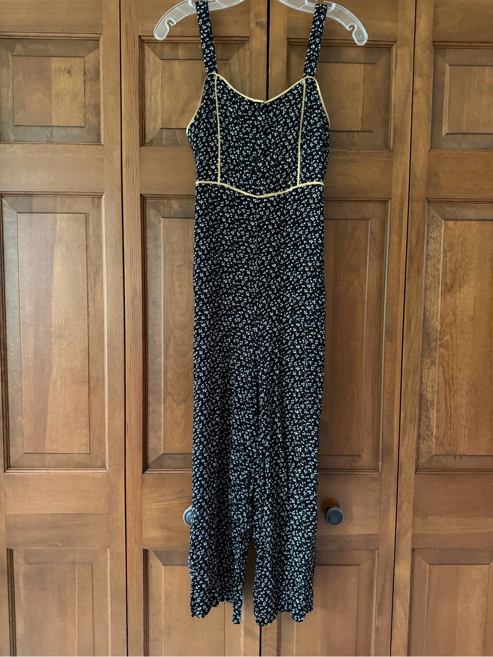 Black Floral Spaghetti-Strap Jumpsuit with Yellow Trim